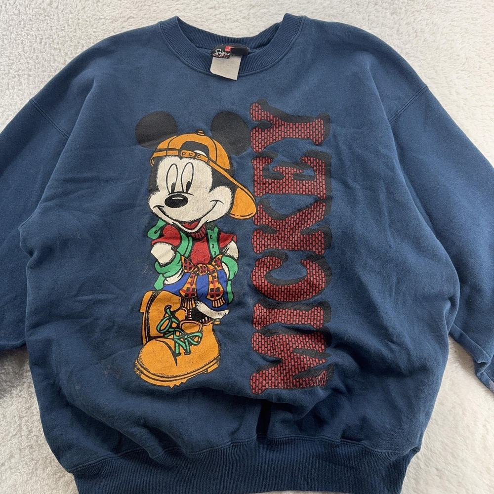 Vtg Mickey Mouse Sweatshirt BOXY Medium Disney Hip Hop Graphic‎ Distressed 90s
